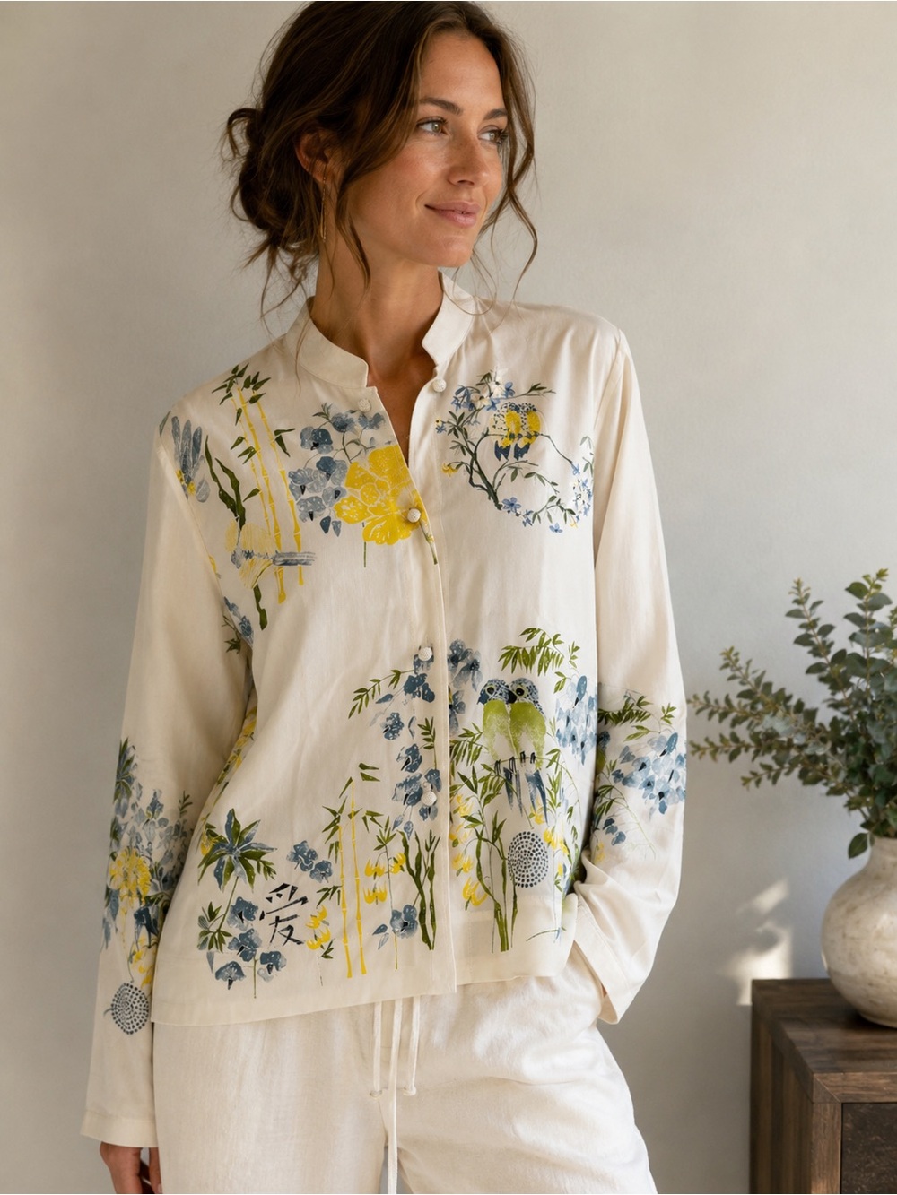 Draper’s & Damon’s 100% Silk Bird Botanical Print Blouse Petite Large